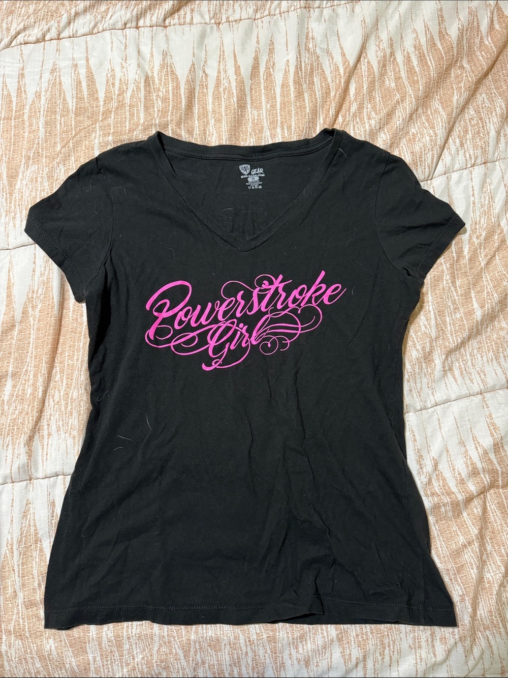 Powerstroke Girl V-Neck Tee - Black with Pink Script
